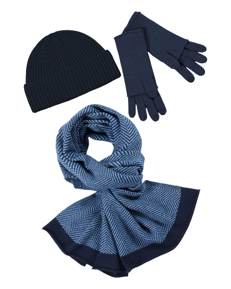 hut online shop Kaschmir-M&#252;tze, Handschuh + Schal mit Fischgr&#228;t-Muster - Marine Verkauf
